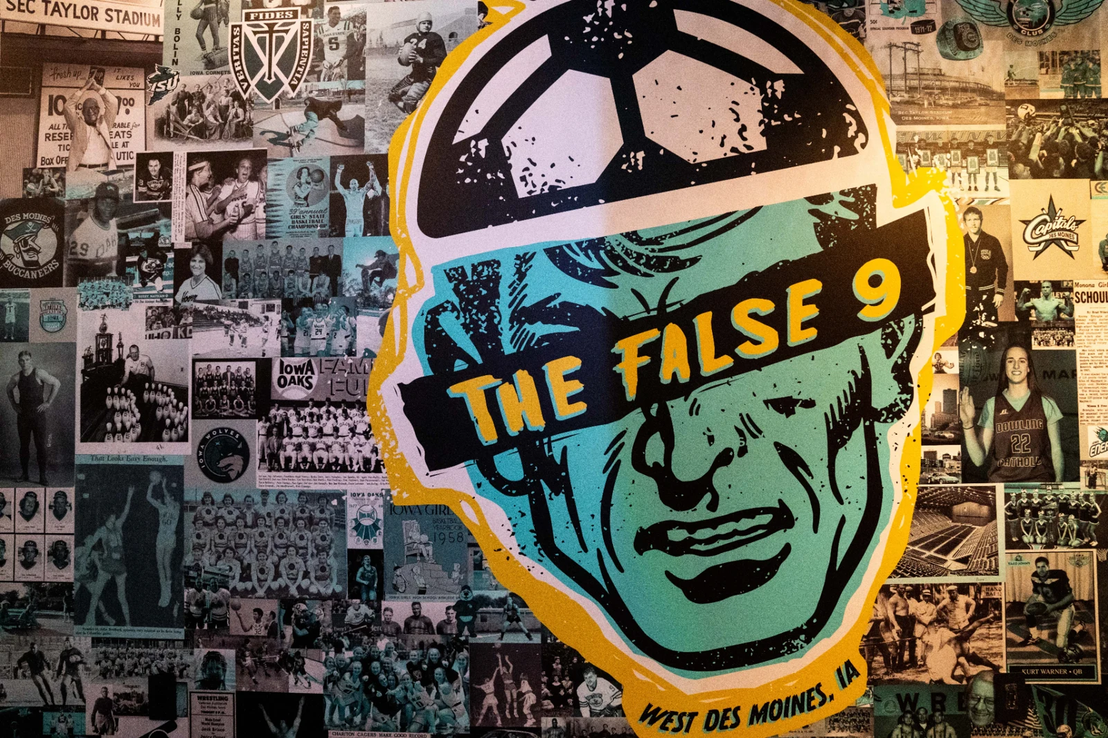 False 9’s turquoise soccer-ball-head character surrounded by a collage of football imagery